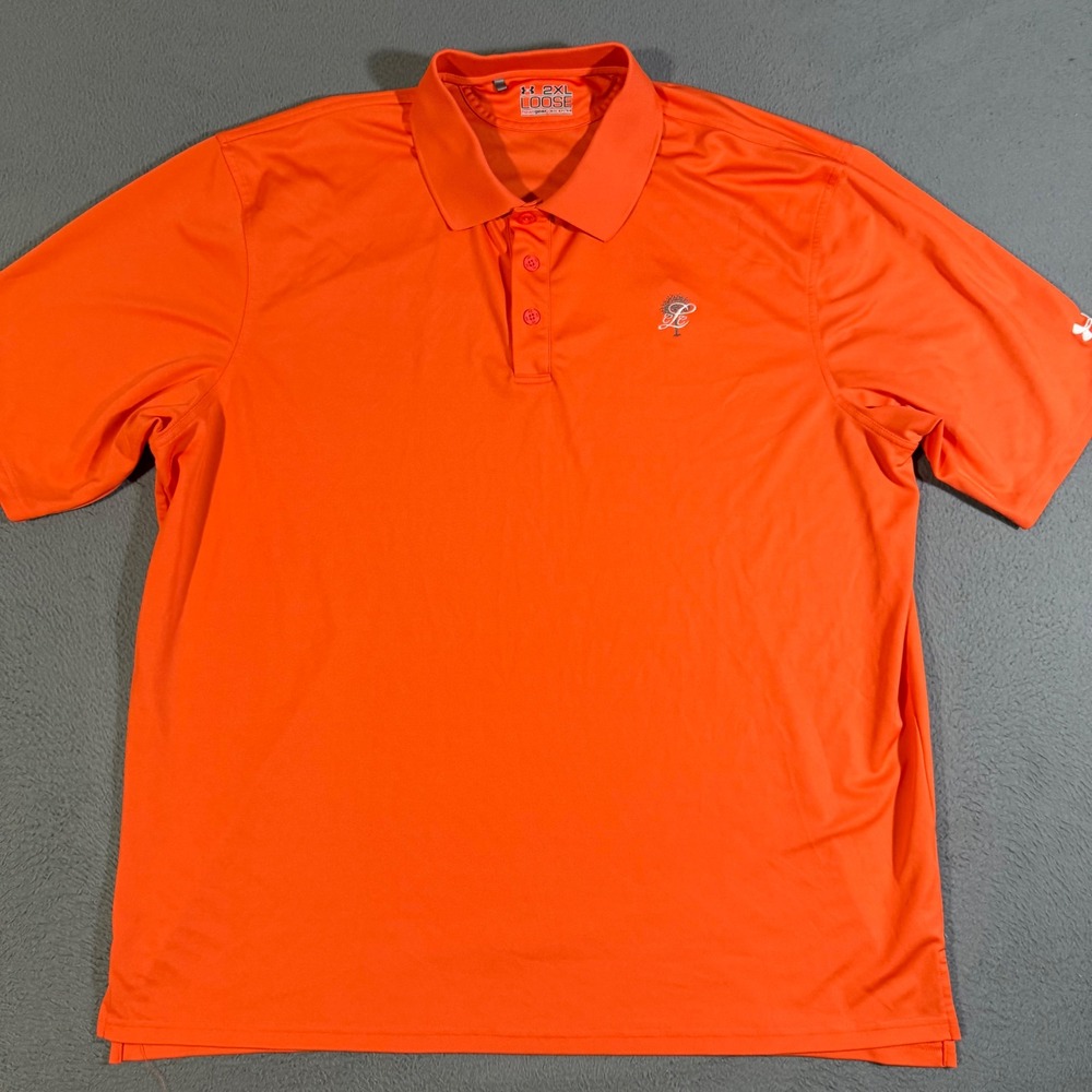 Under Armour HeatGear Orange Golf Club Logo Polo Shirt Mens 2XL Logo Loose Fit